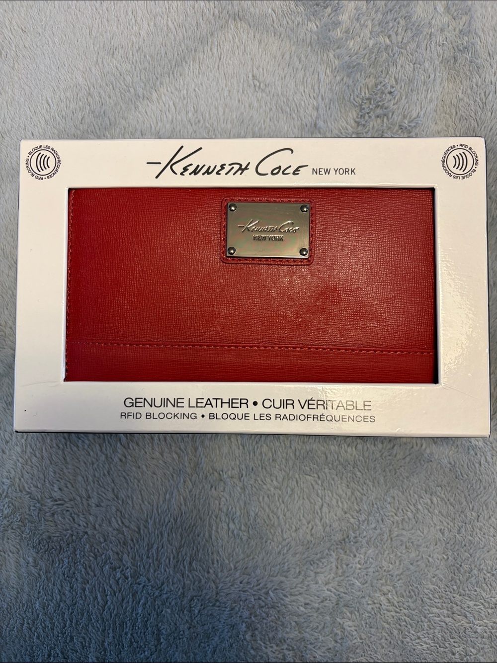 Kenneth Cole New York Red Saffiano Leather Wallet with Metal Logo Plate